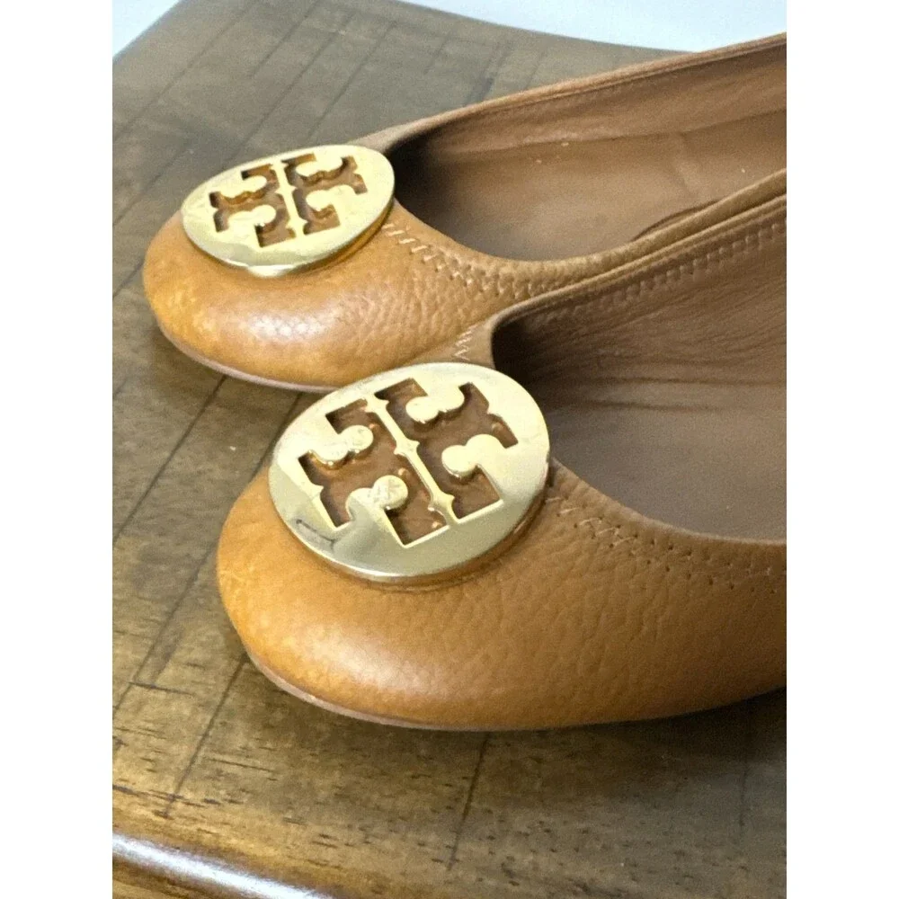 Tory Burch Reva Ballet Flats Women’s 7.5 Brown Tan Leather Gold Logo